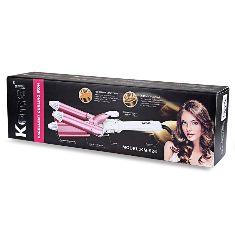 Kemei Hair Straightener Automatic Perm Splint Ceramic Hair Iron 3 Barrels Big Wave Hair Curling Flat Iron Hair Waver Curl Km-926: With box