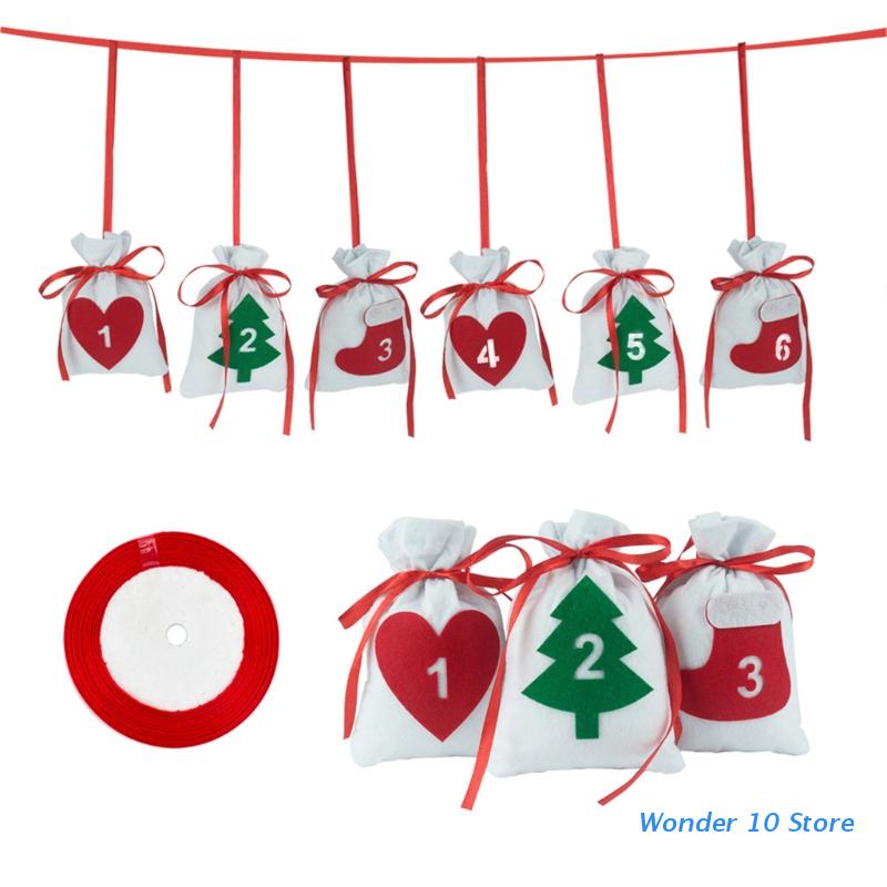24 Dagen Diy Kerst Advent Kalender Lint Zak Met Vilt Stickers Touwen Opknoping Countdown Snoep Pouch Guirlande