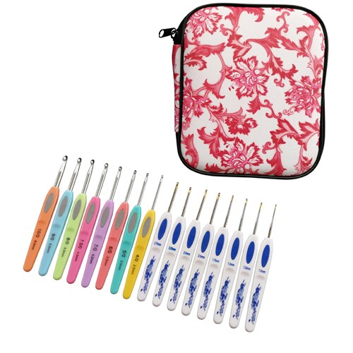 QZLKNIT 16 unids/set 1,0-6,0mm, mango de plástico clásico, conjunto de ganchillo de aluminio con bolsa, herramientas de costura de aguja de tejer DIY: Red set