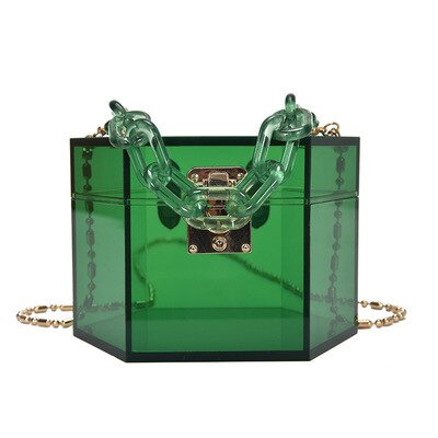 Acrylic Chain Transparent Box Jelly Bag Individual Hexagon Clear PVC Women Handbags Mini Evening Crossbody Tote Bags: Green  