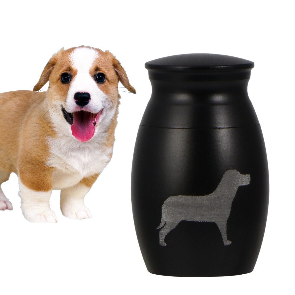 Pet Stainless Steel Cinerary Funerary Urn Jar Animal Printed Urn Container with Opening Screw Lid (Black)