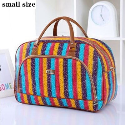 Women Travel Bags PU Leather Large Capacity Waterproof Print Luggage Duffle Bag Men Casual Travelling Weekend Bags: Rainbow stripes S