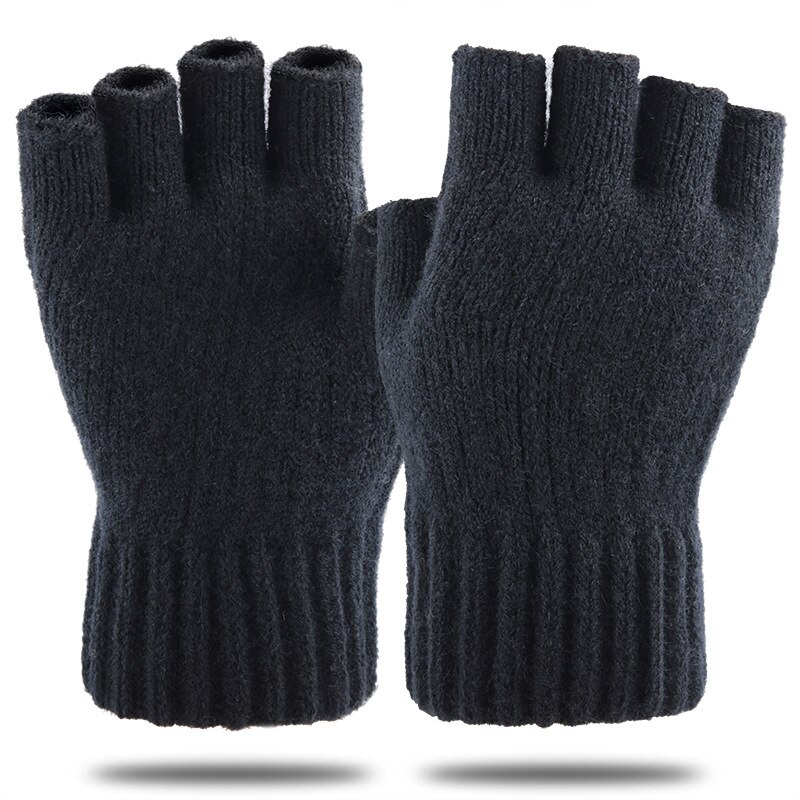 Vinter cashmere uld halvfingerhandsker kvinder og mænds strikkede fingerløse handsker efteråret holder varme vanter: Sort