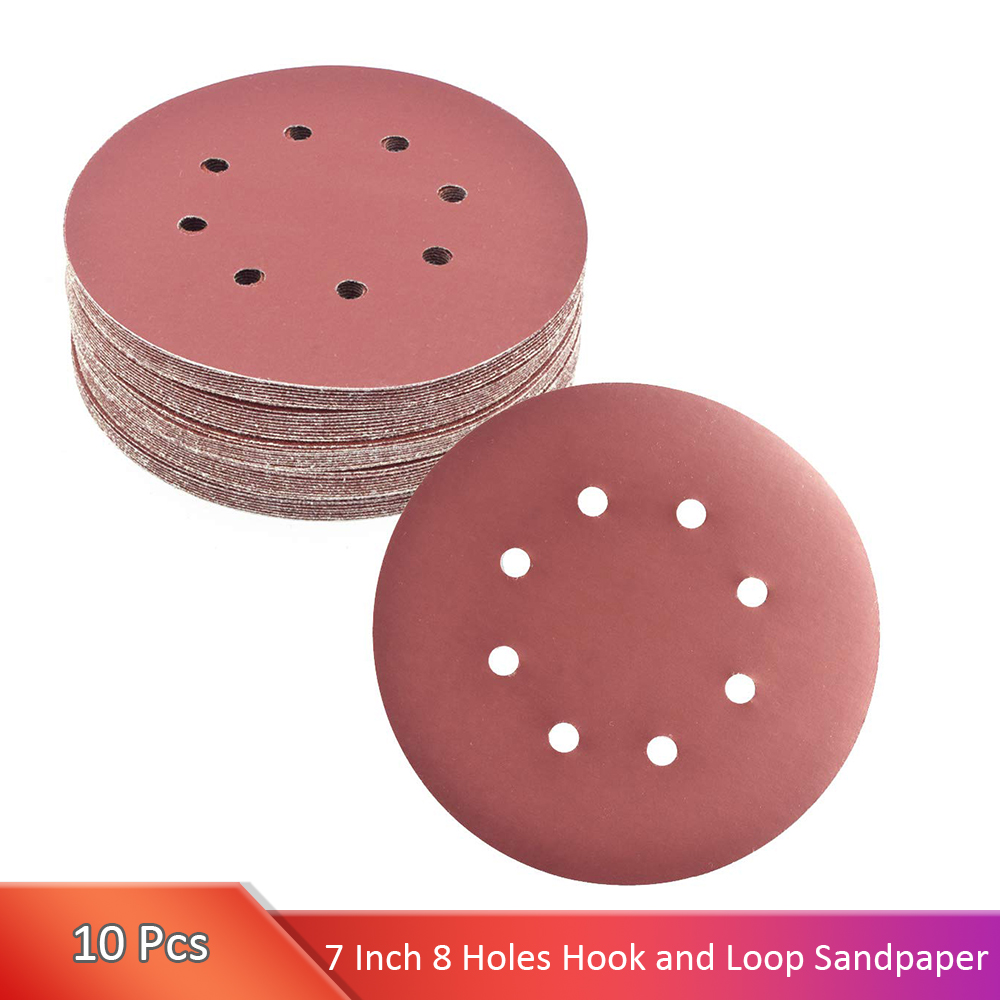 10Pcs 7 Inch Sanding Disc 8 Hole Hook and Loop 40-180 Grit Flocking Sandpaper For Grinder Random Orbital Sander Paper
