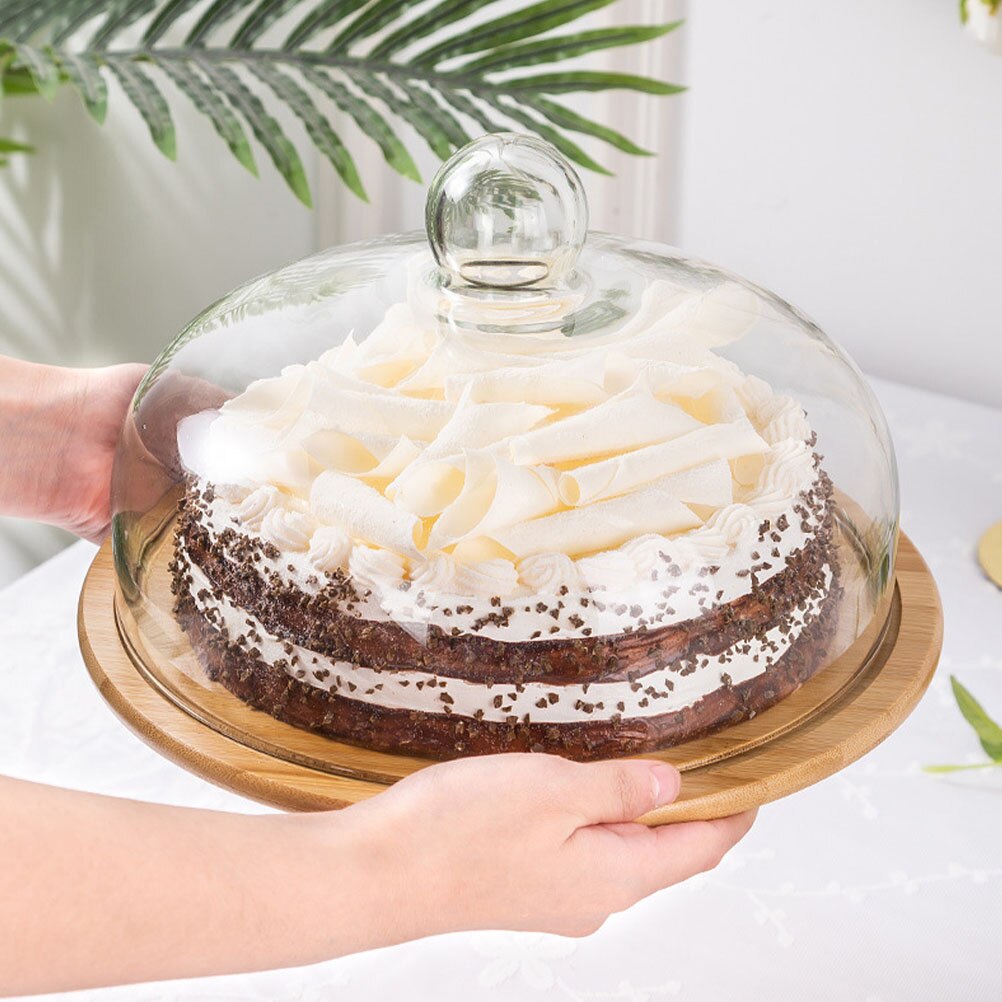1 Set Plate Pastry Plate Convenient Snack Tray With Glass Cover Dustproof Cake Glass Cover Food Cover With Bamboo Wood Tray