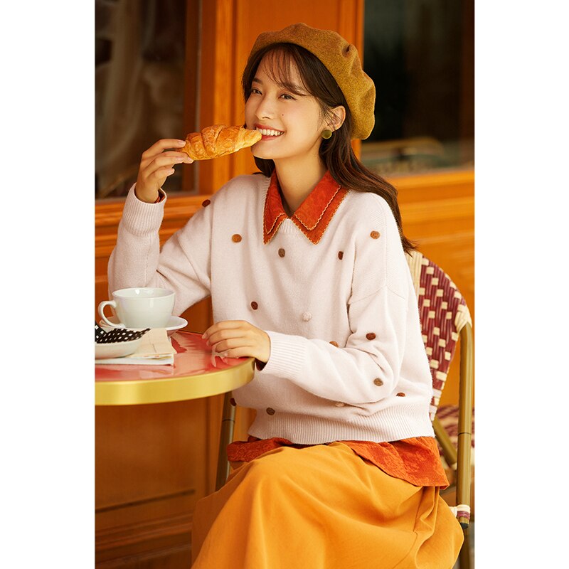 Inman høst vinter farge polka ball dekorasjon ribbet genser genser varme og kawaii stil vindtett jumpe