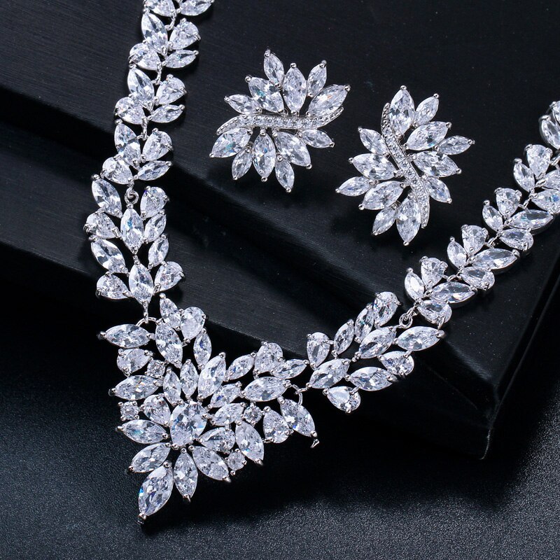 Threegraces Nigeriaanse Vrouwen Leaf Vorm Kubieke Zirkonia Steen Grote Bruids Ketting Oorbellen Sieraden Set Voor Trouwjurk JS047
