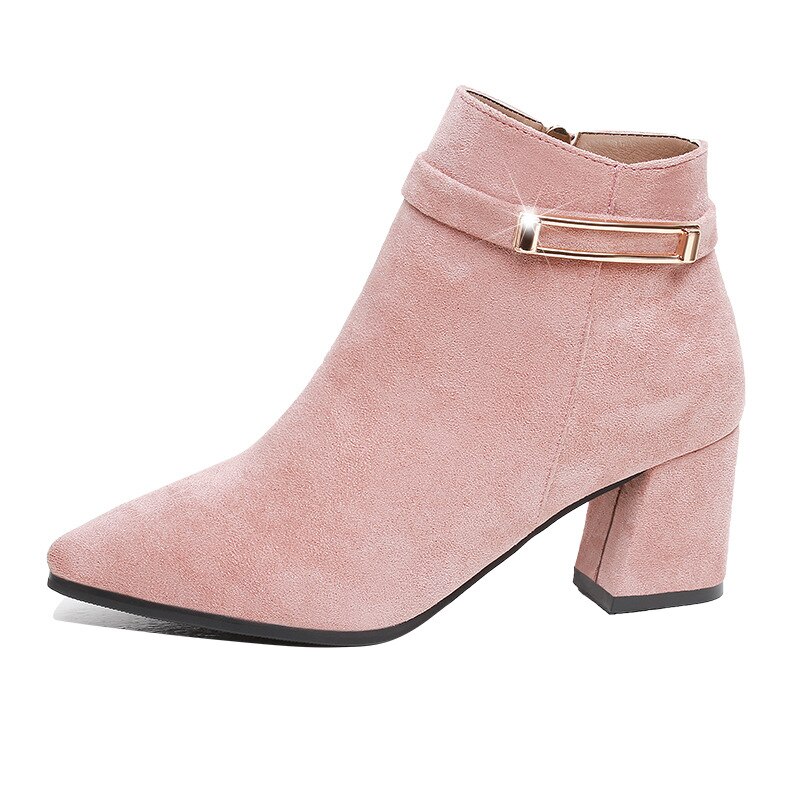Winter Schoenen Vrouwen Hoge Hakken Laarzen Mode Vrouwen Enkellaarsjes Vrouw Party Schoenen Vierkante Hak 6Cm Zwart Roze a1923: Roze / 8