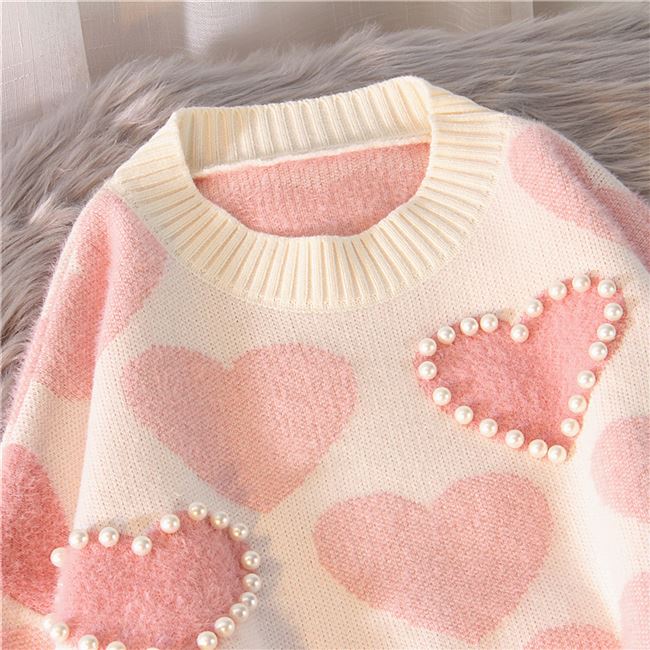 Pull en Jacquard épais tricoté pour femme, ample et rose avec perles, style coréen, collection automne et hiver