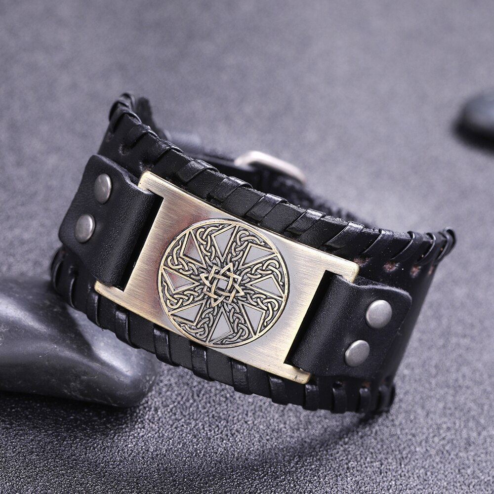 Skyrim-pulsera de cuero eslava para hombre, anís estrellado, amuleto redondo cerrado, pulsera ancha trenzada, brazalete Vikingo, joyería Vintage