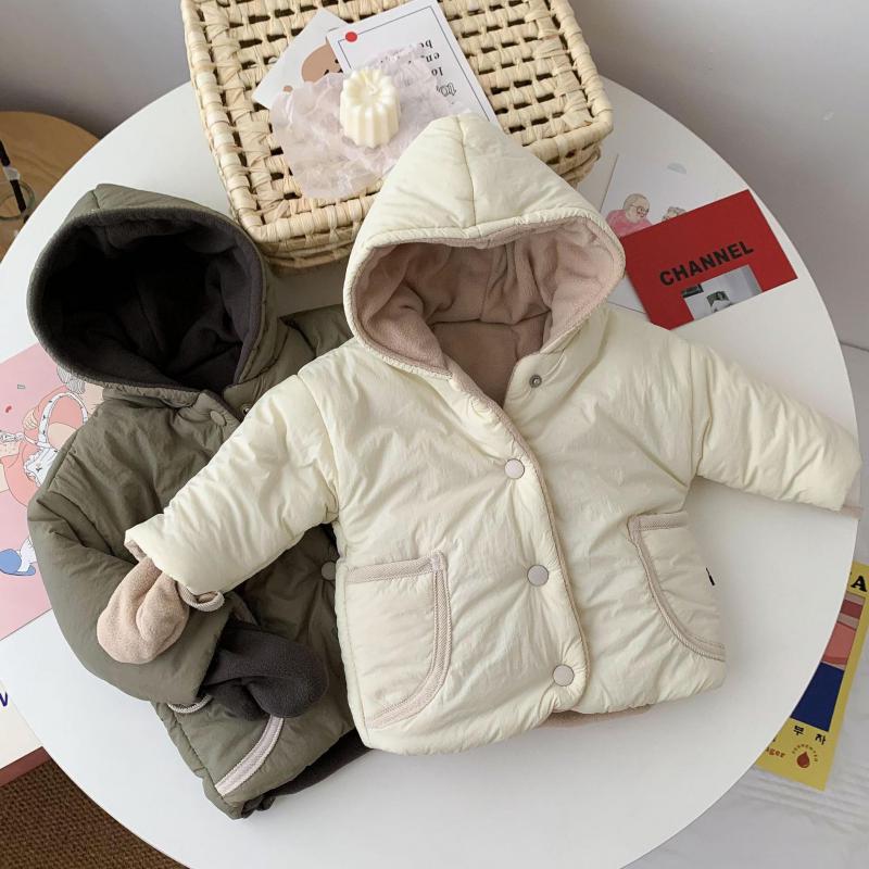 2021 inverno recém-nascido moda manter quente acolchoado jaqueta meninos meninas bonito cor sólida vestir em ambos os lados manga longa parkas