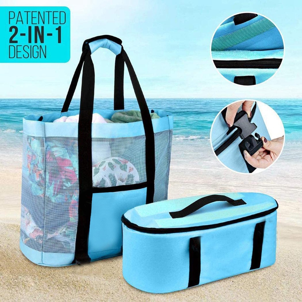 4 # Outdoor Camping Strand Mesh Tote Tas Met Afneembare Koeltas Verpakking Organisator Multifunctionele Waterdichte Rugzak Tas