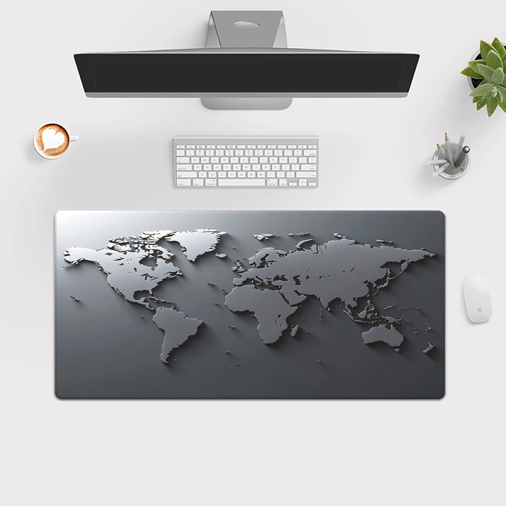 Tapis de souris multifonctionnel avec polymère HD, tapis de jeu pour bureau et maison, matériau en caoutchouc souple pour les joueurs, carte du monde grise, clavier, média, 40x90cm