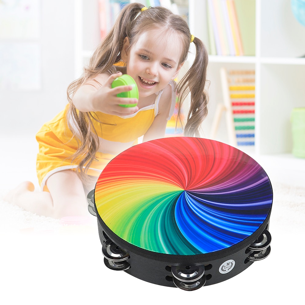 Pandereta de madera de arcoíris de 8 pulgadas, instrumento de percusión de educación temprana con Jingles de doble fila para niños y niñas