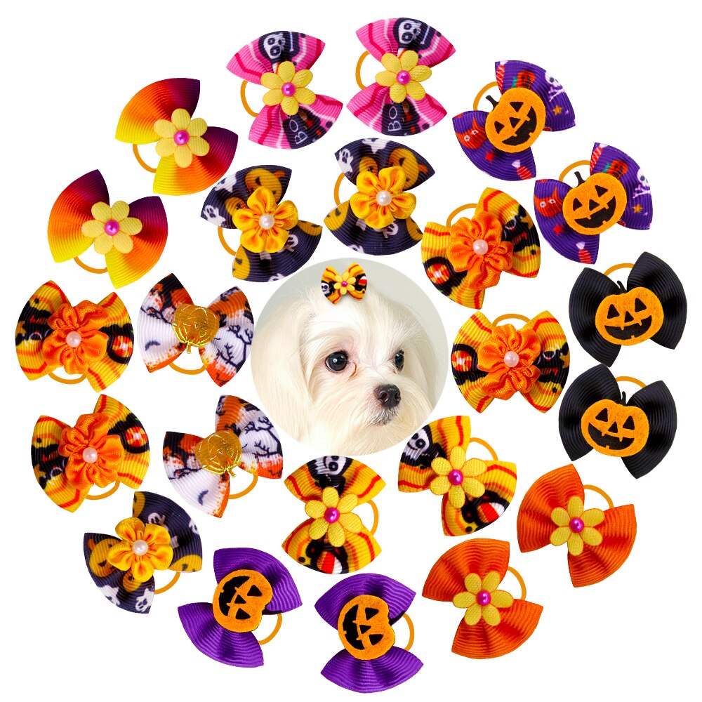 10 stuks haarstrikken voor hondenpuppy's, gemengd met schattige pompoen/bloemen, hondenhaaraccessoire, hondenverzorgingsstrikken met elastiekjes, huisdierbenodigdheden: Default Title