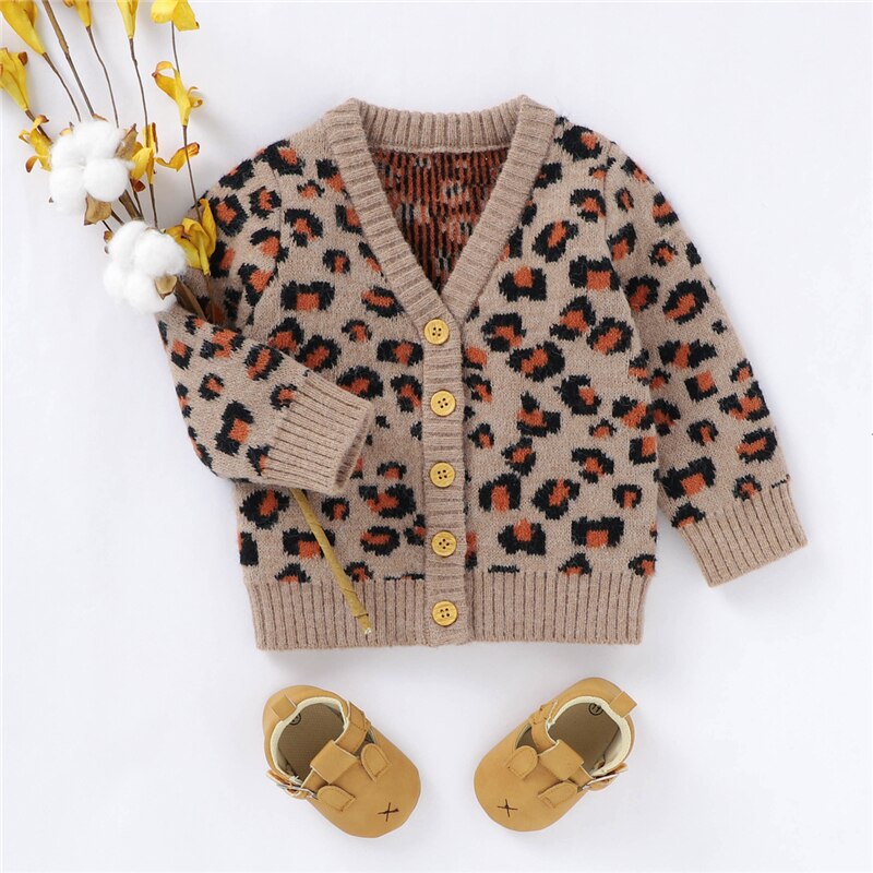 Baby Girl Sweater Leopard Print Coat V-neck Single Breasted Knitted Cardigan Tops Kids Casual Tops Autumn Winter Girls Sweaters