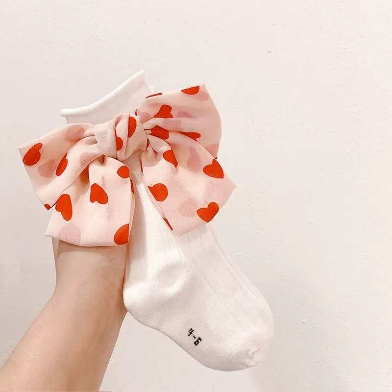 Japanse Uniform Stijl Meisjes Stapel Sokken Chiffon Liefde Print Grote Boog Zoete Baby Meisjes Sokken Kous Kids Kleding Accessoires: C015W