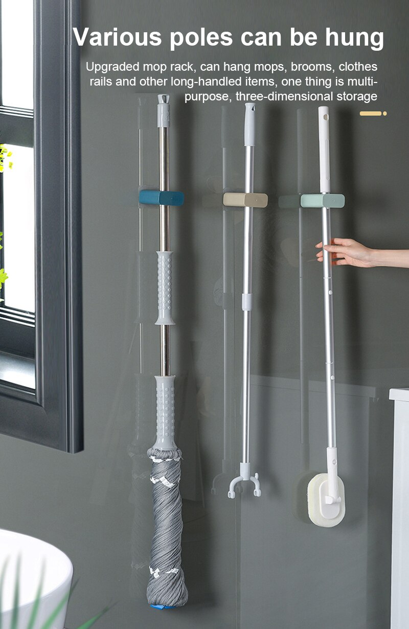Hole Free Wall Mounted Mop Clip Toilet Traceless Mop Hook Bathroom Broom Rack Seat Mop Storage Clip Home Storage Organization