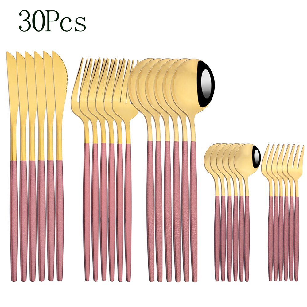 24pcs Cutlery Set Blue Silver Dinnerware Set Stainless Steel Silverware Knife Fork Spoon Tableware Flatware Set Dishwasher Safe: Pink gold