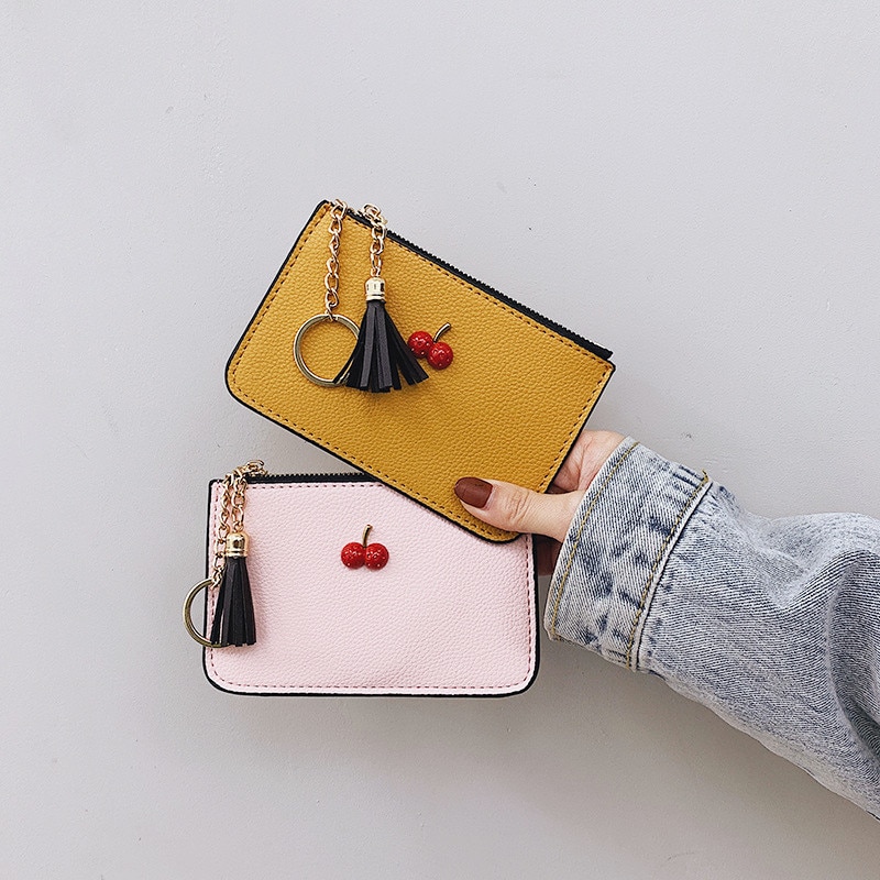 Enkel körsbär koreanskt pu-läder ultratunn klämma mjukt läderfransar dragkedja kort plånbok damkortväska noll plånbok