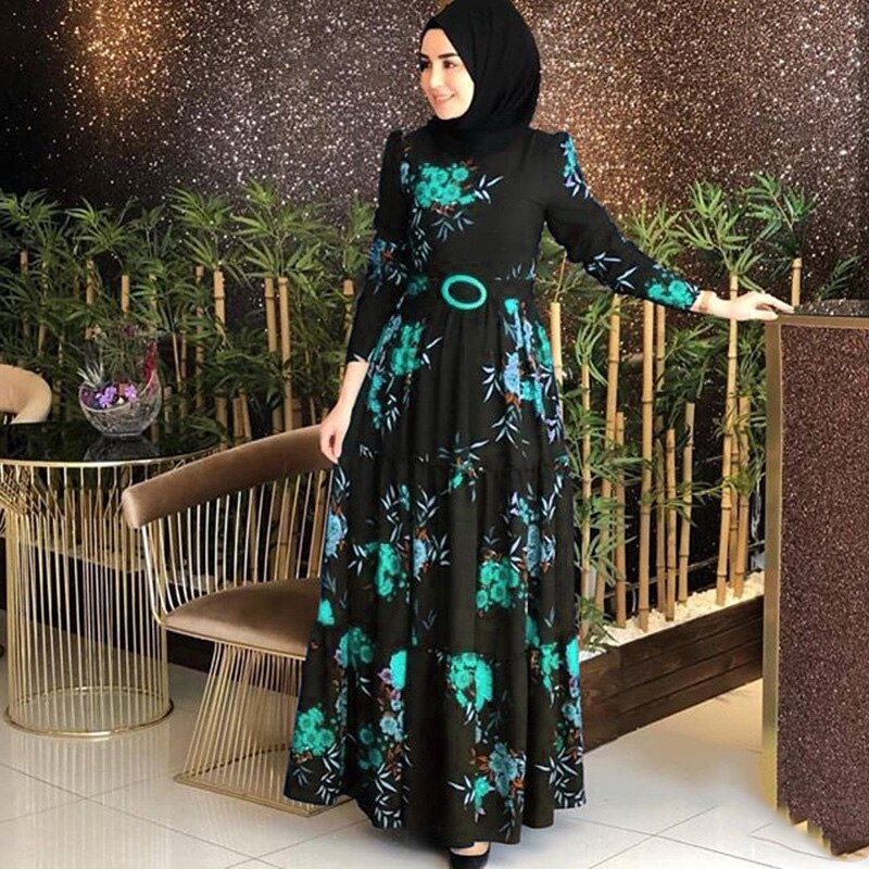 Oriente médio muçulmano ramadan feminino impresso fino respirável vestido arábia saudita árabe vestido islâmico omã étnica saia longa