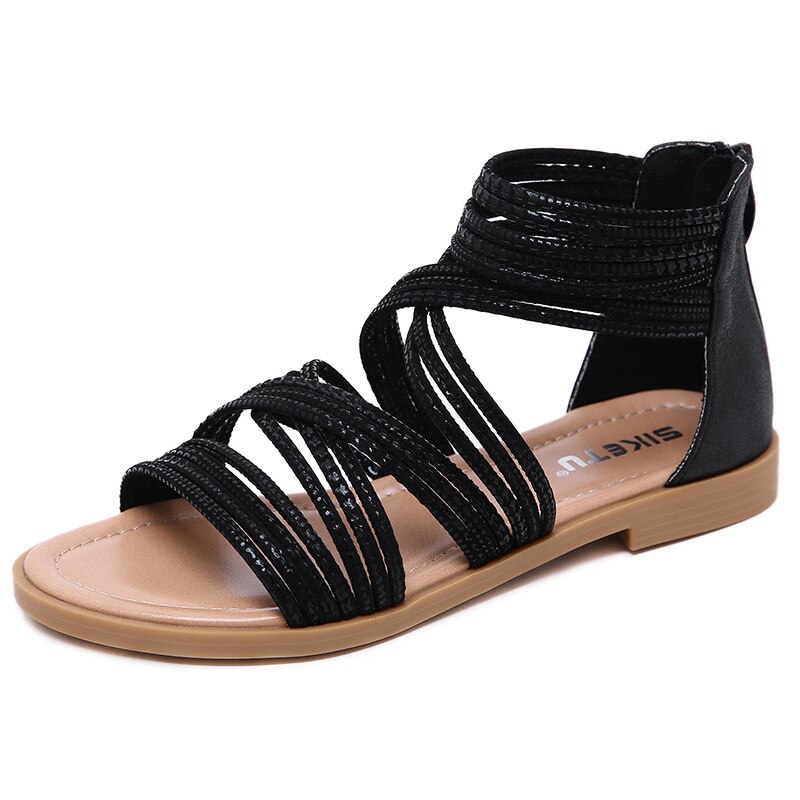 Rome Sandalen Vrouwen Schoenen Zomer Vrouwen Sandalen Flats Casual Dames Schoenen-Enkelbandje Vrouw Strand Sandalen: Black / 39