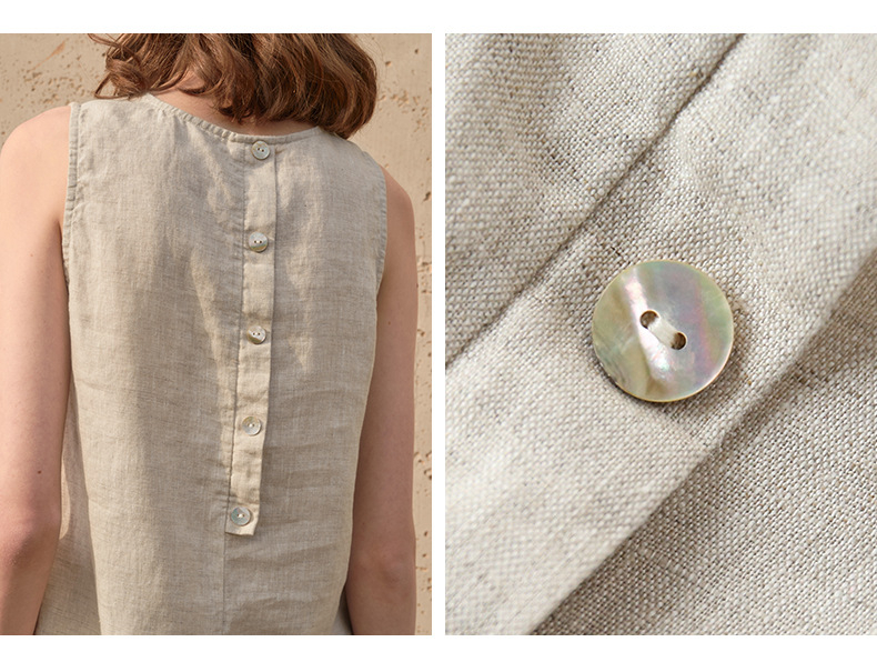 100%  ermeløse tanktopper i lin for kvinner, sommer, avslappet topp med knapper bak, elegant rund hals, hvite topper