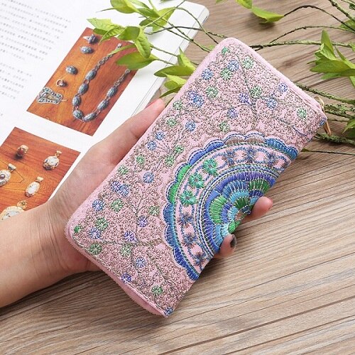 National Embroidery Long Wallets Vintage Women Wallet Purse Female Wallet Pouch Handbag for Woman Lady Coin Card Holders: Pink Wallets