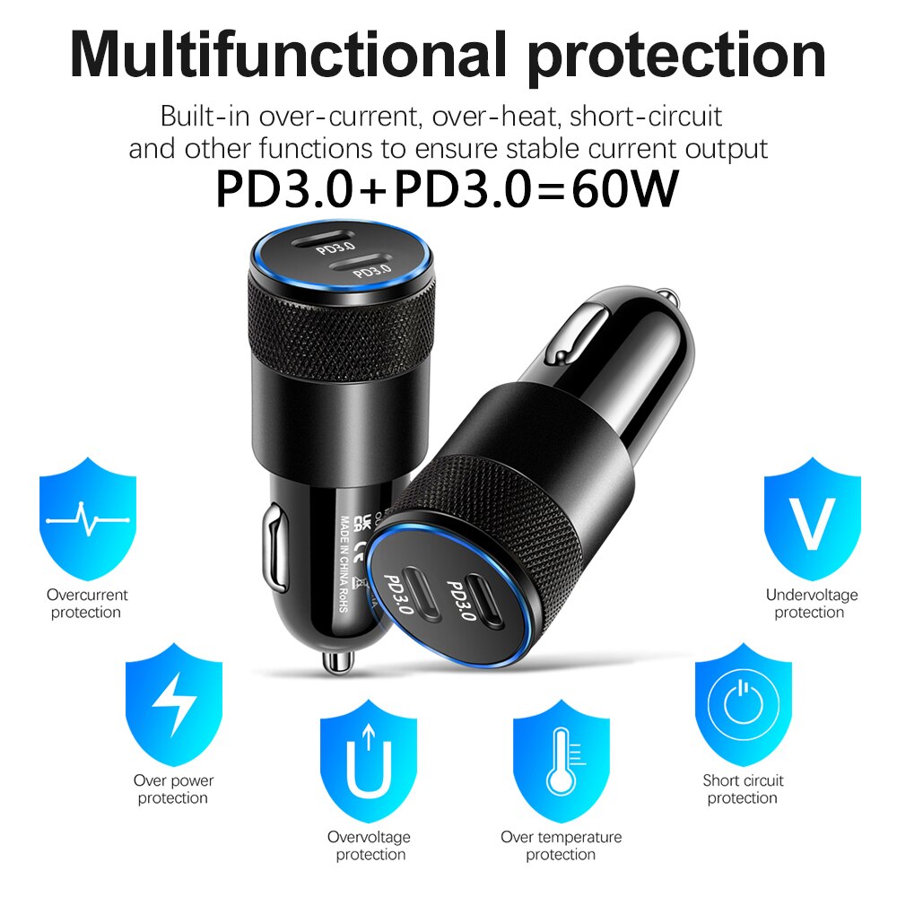 60W Dual Pd Car Charger Voor Xiaomi Samsung Voor Iphone 13 12 11 Pro Mobiele Telefoon Oplader Adapter Led display Auto-Oplader