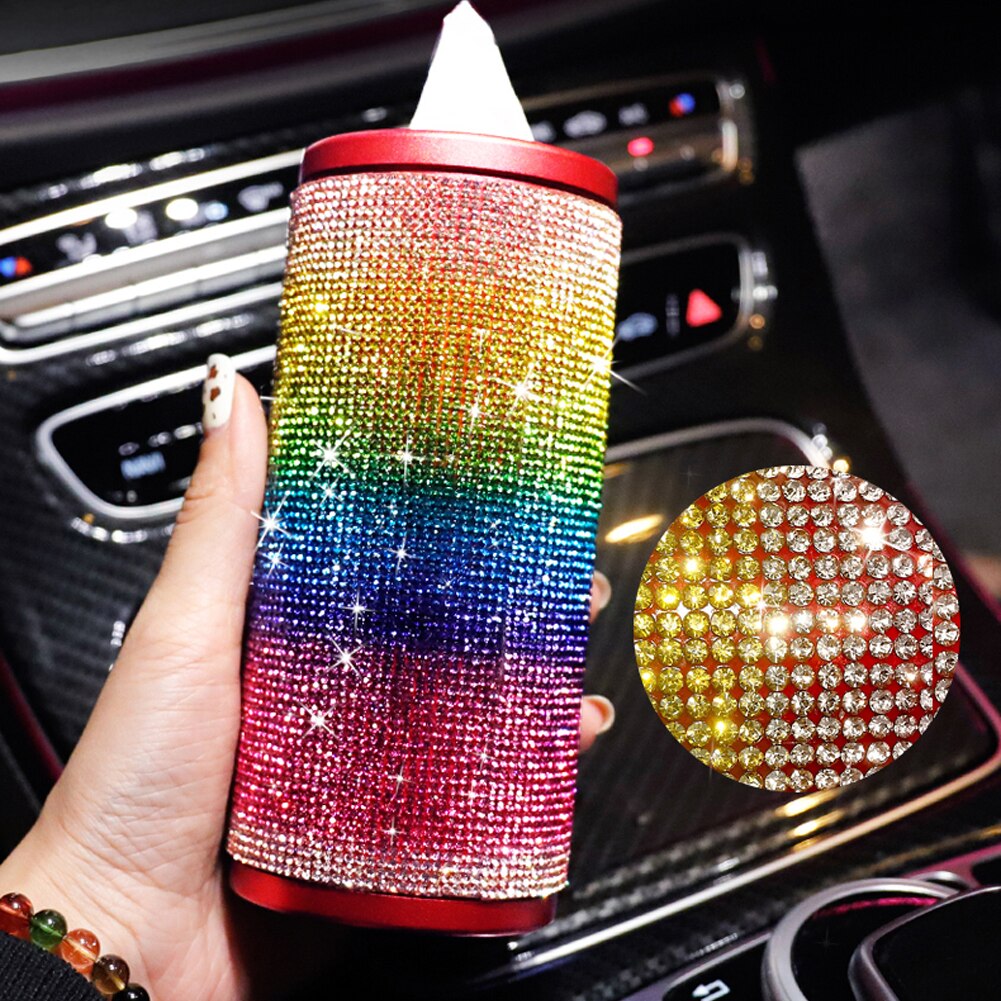 1pc regnbue bil vev boks rhinestone holdbar Tusenfryd bowknot dekor vev holder til auto kopp holder diy