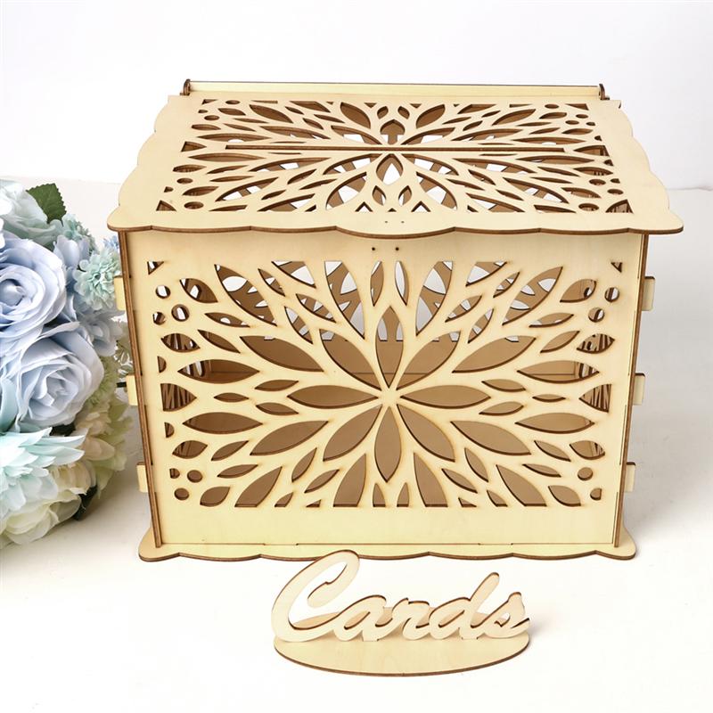 Wooden Wedding Storage Box DIY Wedding Supplies Flower Card Box for Wedding Party (1 Key + 12 Rubber Rings, Large Size)