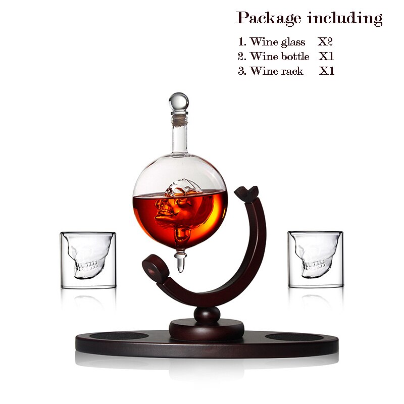 Skull Heads Decanter Set with Lead-free Carafe Exquisite Wood-stand and 2 Whisky Glasses, Whiskey Decanter Grade: Set