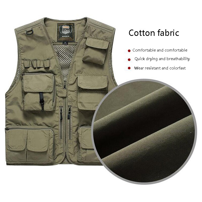 Chaleco de pesca multifunción de secado rápido para hombre, chaqueta suelta de malla para exteriores, multibolsillos, abrigo de cintura de pescador para fotografía, color caqui M