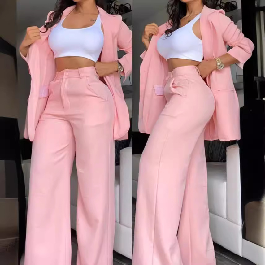 Jakkesæt dame 2- delte sæt outfits tøj afslappet bukser slidsede ærmer revers jakkesæt blazere lomme lige bukser jakkesæt