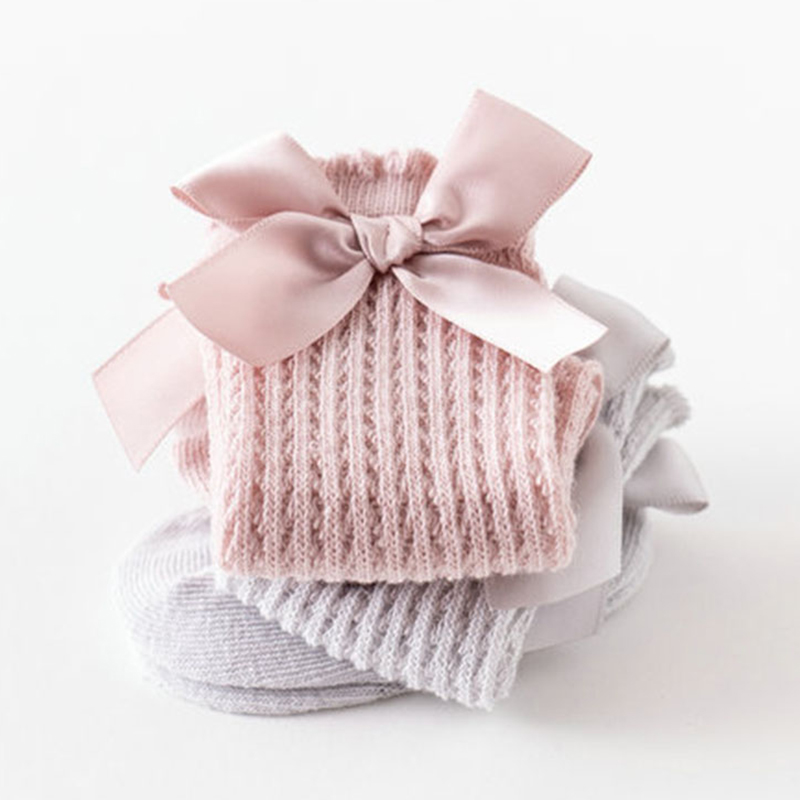 Chaussettes d'été pour bébé fille, avec nœuds, en maille, pour -né, hautes, respirantes, couleur unie, douces, en coton, pour nourrissons