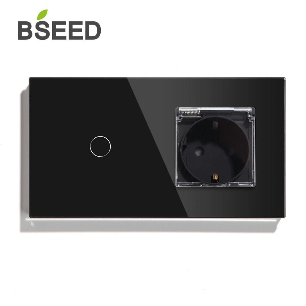 BSEED Waterproof EU Standard Wall Socket Switch 1Gang 1 Way 2 Way Switch 3 Colors Crystal Glass Panel Touch Switch