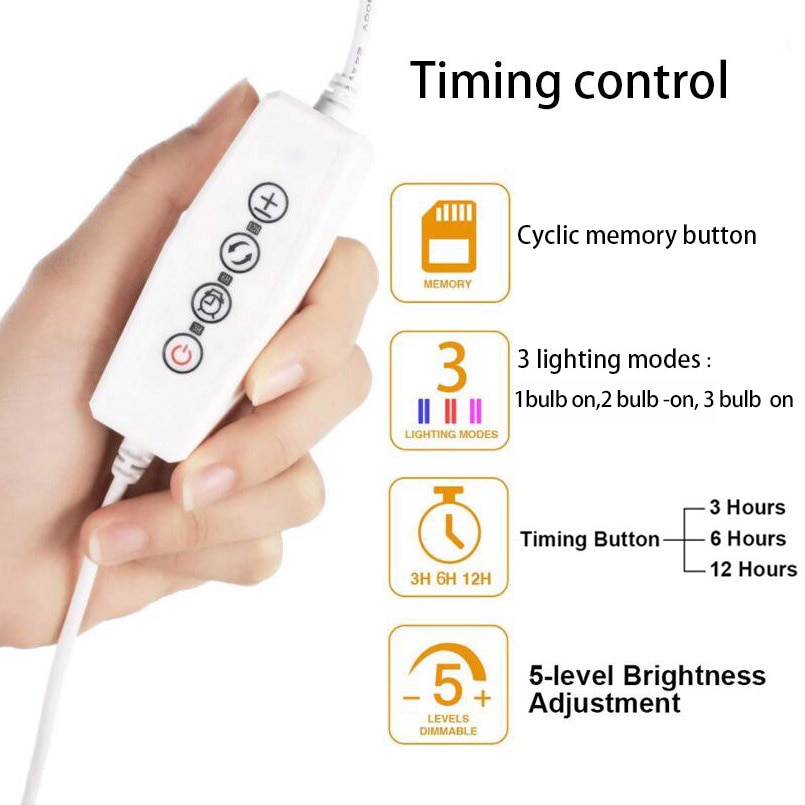 Fullt spekter 3 hode led vokse lys vekst fyto lampe voksende lys innendørs planter frø drivhus voksende usb timer klipp rom