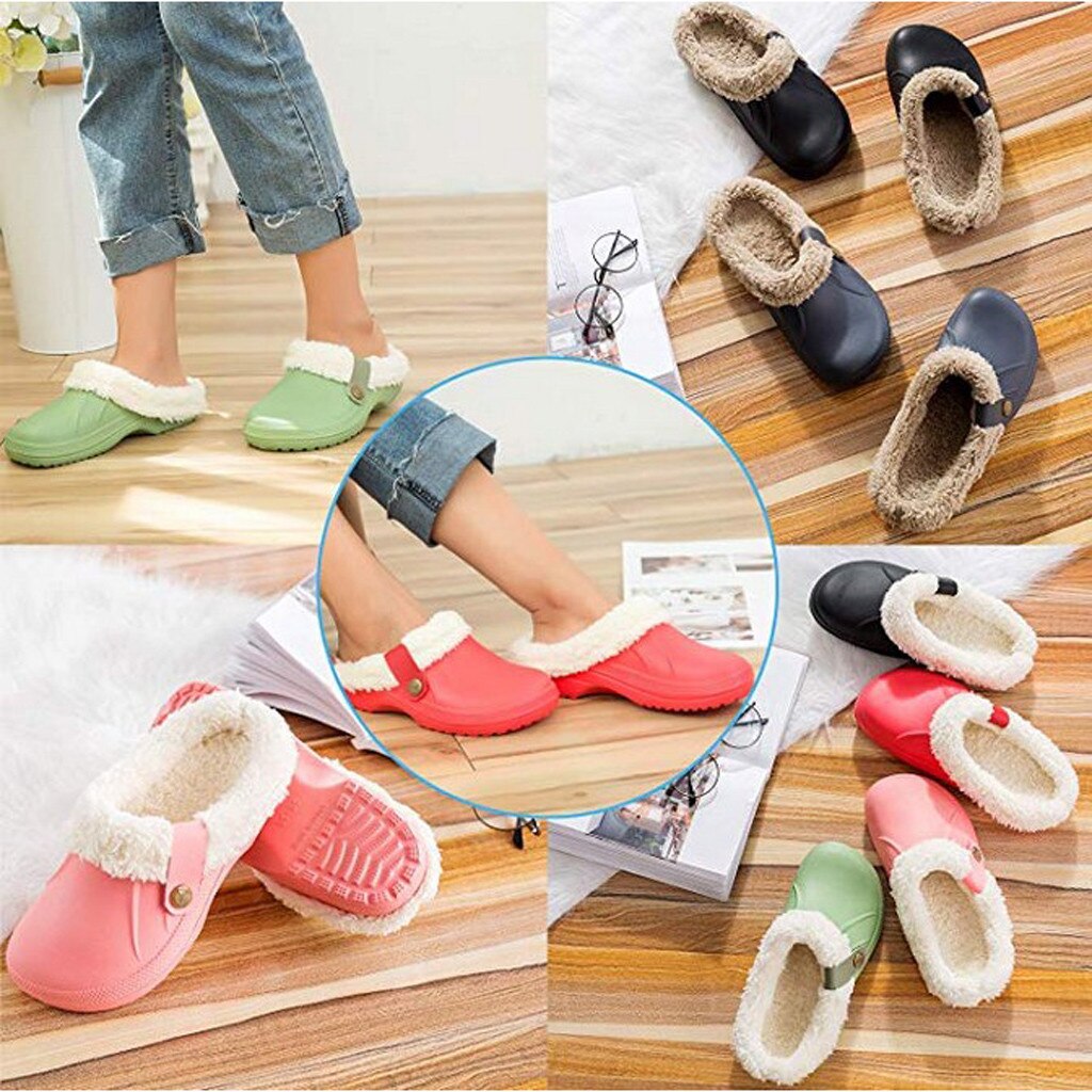 Unisex Warm Lined Slippers Home Waterproof Indoor Outdoor Garden Shoes Non-slip Floor Home Slippers Indoor Bedroom House Shoes
