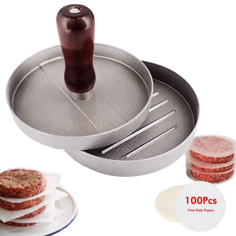 Non-stick Burger Druk Aluminium Hamburger Mold Maker Met 100 Papers Voor Bbq Grill