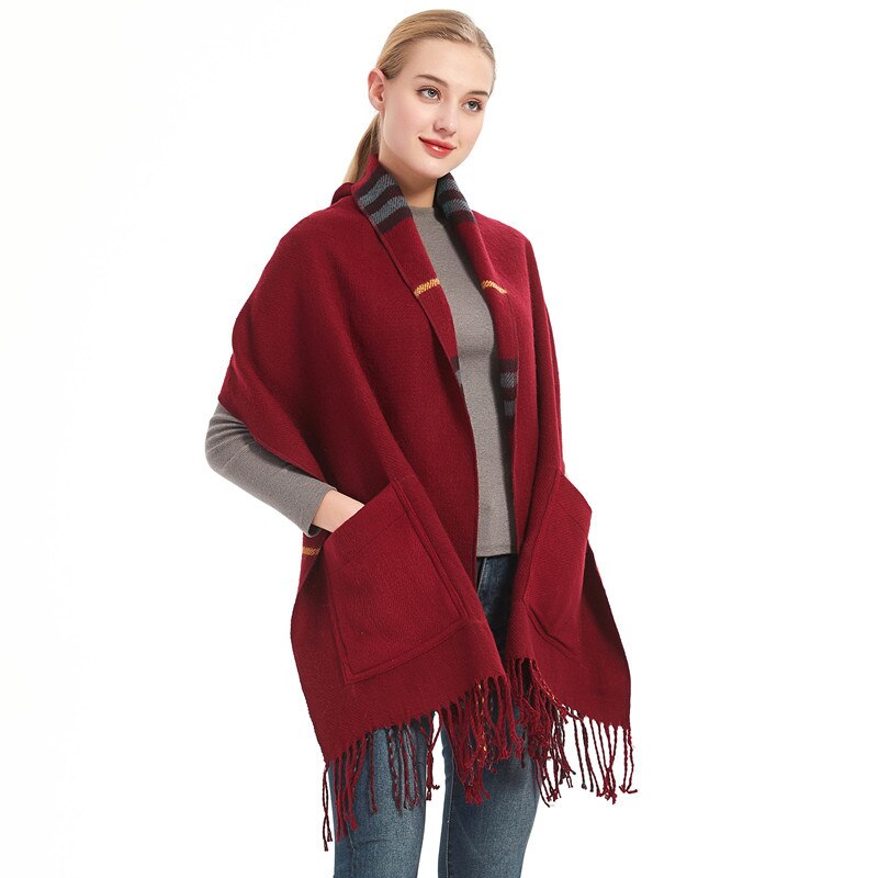 Chal grueso para mujer, bufanda larga de Cachemira de cuadros cálida roja con bolsillo, Otoño Invierno