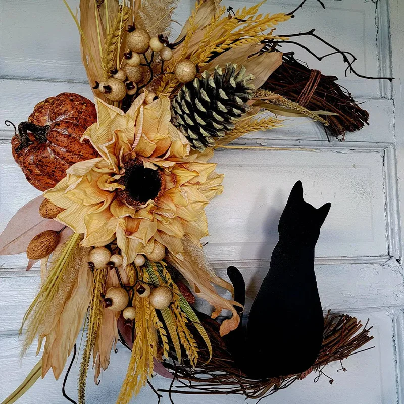 Halloween Maan Kat Slinger Deur Opknoping Decoratie Feestelijke Dode Tak Kitten Wijnstok Cirkel Sfeer Decoratie Deur Krans
