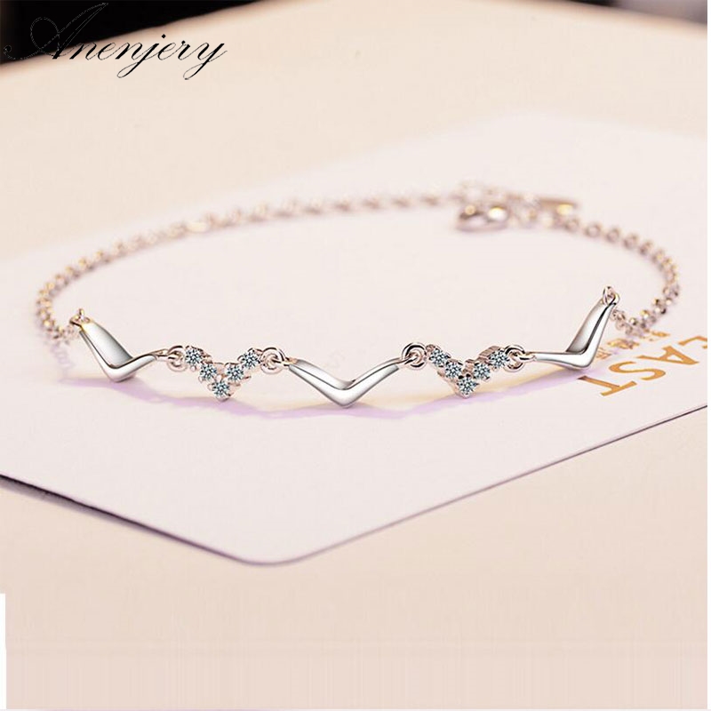 Pulsera con olas de Plata de Ley 925 anenjary, nueva y sencilla pulsera con olas para joyería de circonio para mujer, pulsera femenina S-B148