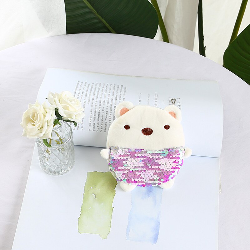 Soft Plush Cartoon Rabbit Bear Women Coin Purse Mini Cute Oval Zipper Children Girl Coin Wallet USB Cable Headset Bag: Sequins White Bear