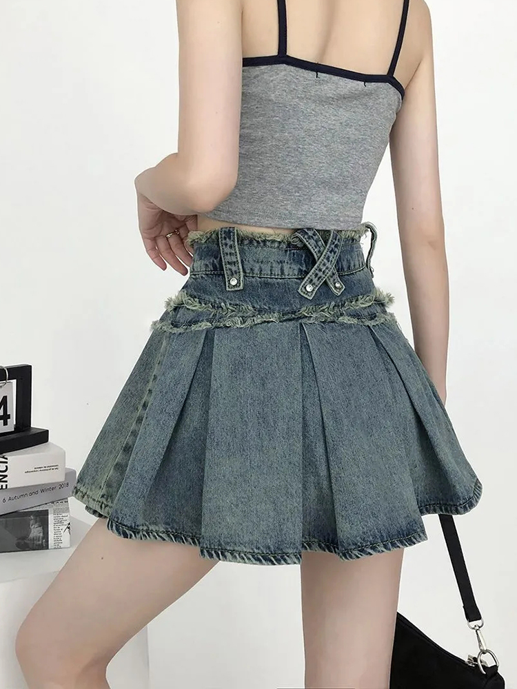Jmprs vintage plisseret denim nederdel kvinder streetwear høj talje  y2k mini nederdele amerikansk retro afslappet kvindelig sommer a-linje nederdele