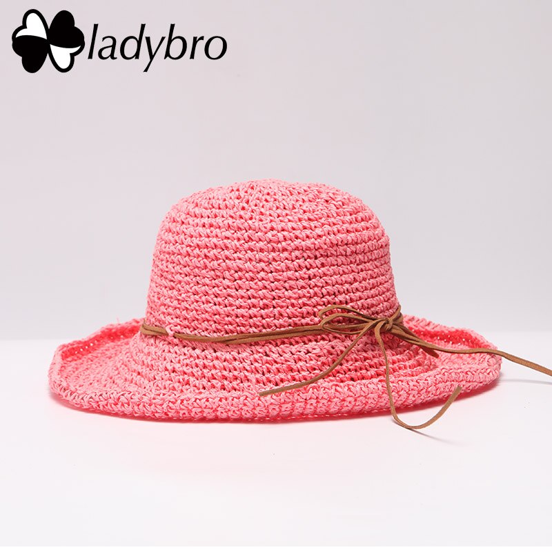 Ladybro Brand Ladies Sun Hat For Women Bowknot Raffia Straw Hat Foldable Summer Hat Wide Brim Beach Hat Female Chapeau Femme: 002 pink