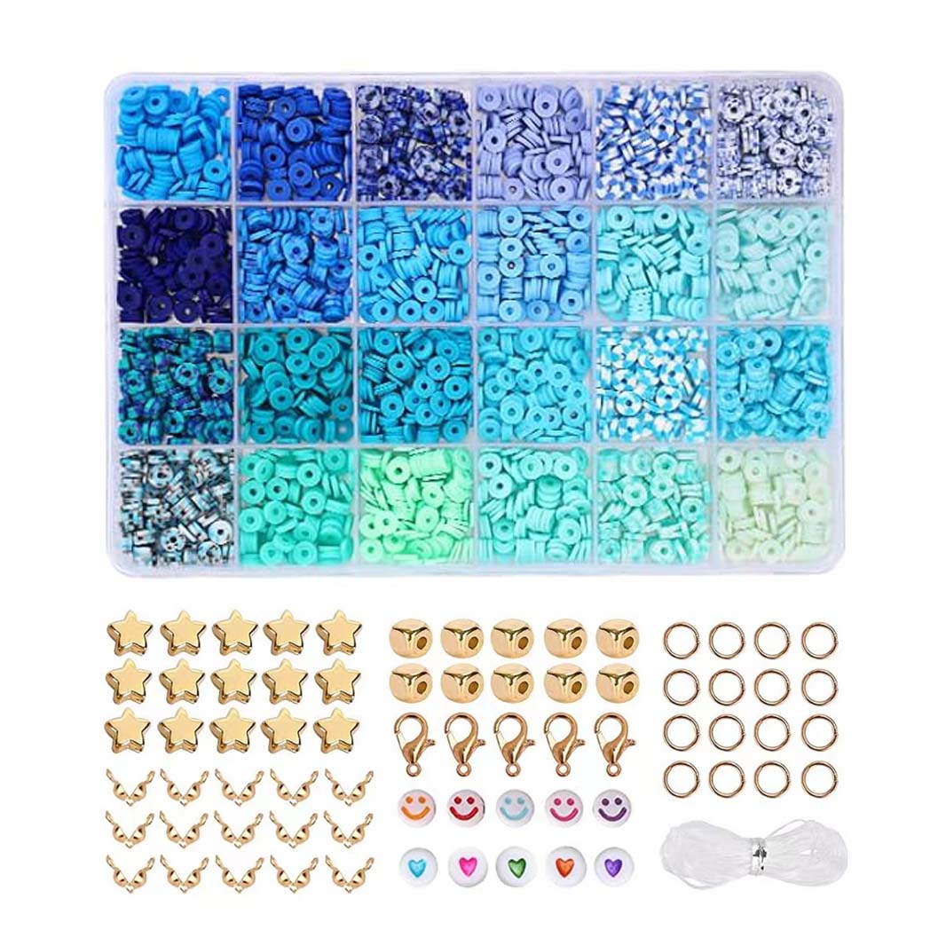 El kit para hacer pulseras de cuentas de arcilla de 2400 piezas incluye cuentas sueltas y hilo para manualidades de joyería DIY para niñas: Azul