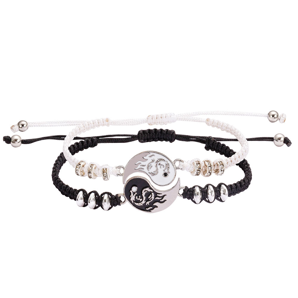 2/4 Uds Tai Chi Yin Yang pareja pulseras collares conjunto colgante pulsera de cadena trenzada ajustable pulseras de amante a juego gargantilla: Color amarillo dorado claro
