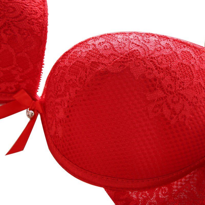 Red Women Bras Ladies Bow Cozy Thin Underwire Padded Push Up Lace Bra Panties Sets