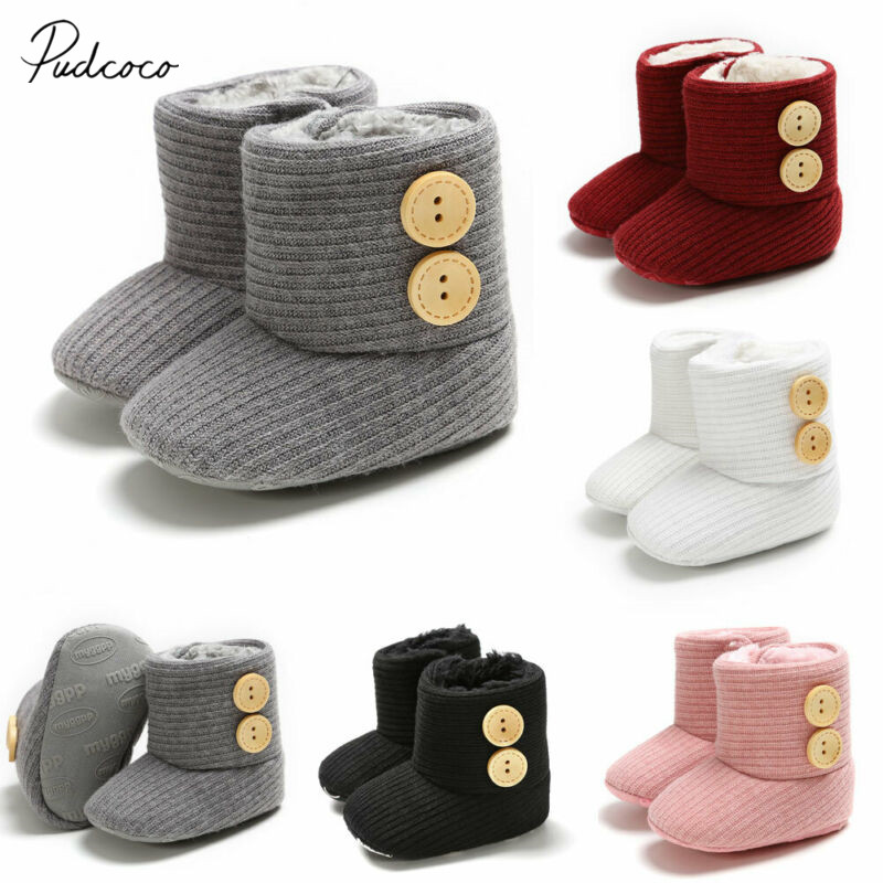 Baby Winter Warme Laarzen Baby Meisjes Soft Sole Crib Knop Katoen Flats Warm Boot Peuter Gebreide Effen Knoppen Prewalke schoenen