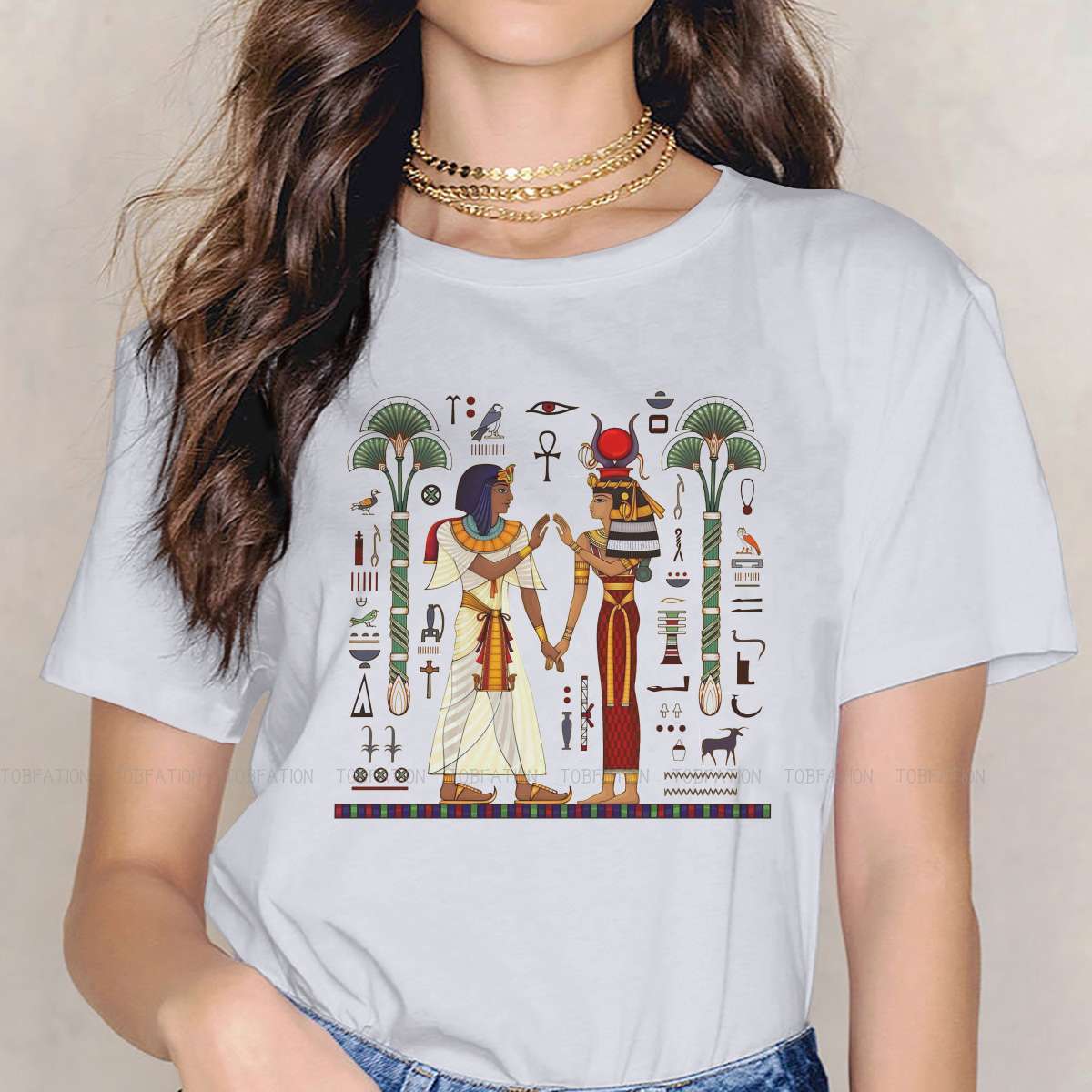 Hieroglyf symbol oldtidskultur synge symbol feminint tøj egyptisk det gamle egypten t-shirt goth vintage kvindelig top